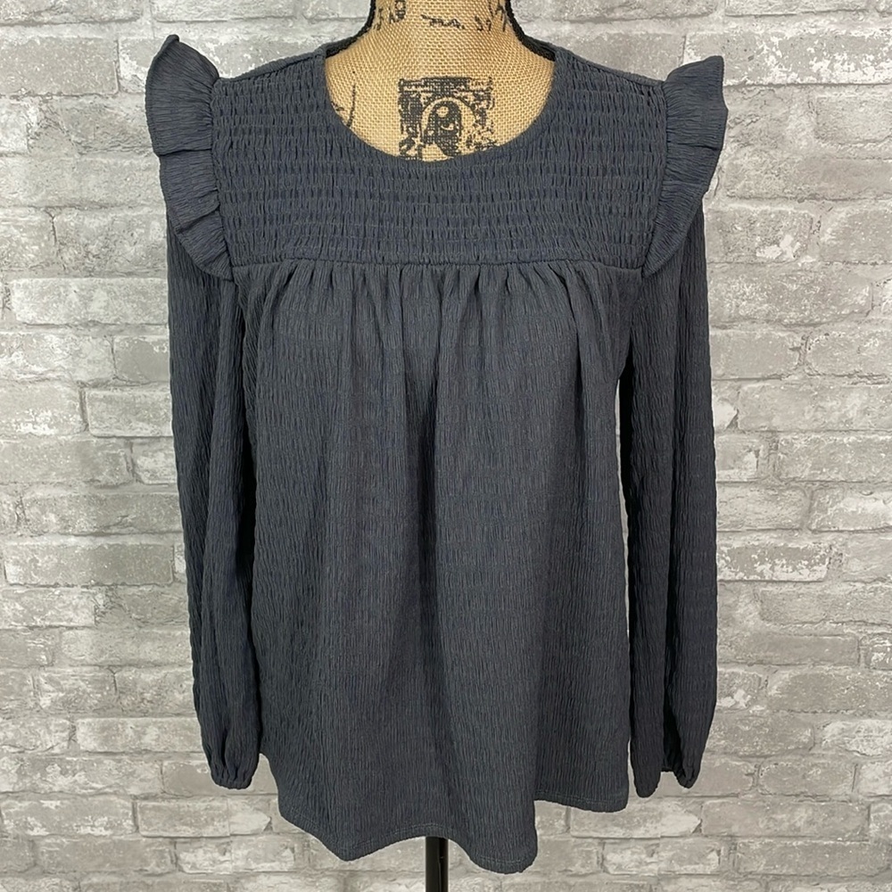 Loft Slate Blue Smocked Ruffle Top